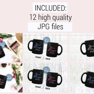 May include: A collection of black coffee mugs with the text "Your Design Here" in a script font. The image includes various lifestyle elements such as flowers, makeup, and accessories, suggesting a product mockup or design template.