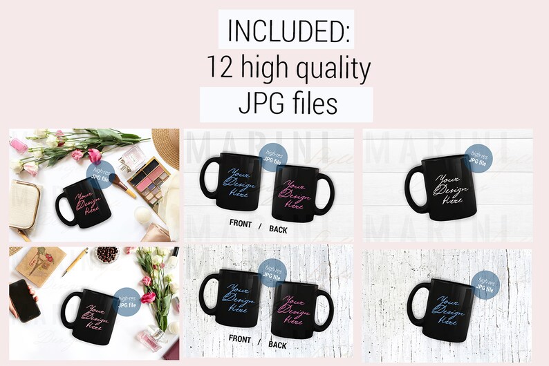 May include: A collection of black coffee mugs with the text "Your Design Here" in a script font. The image includes various lifestyle elements such as flowers, makeup, and accessories, suggesting a product mockup or design template.