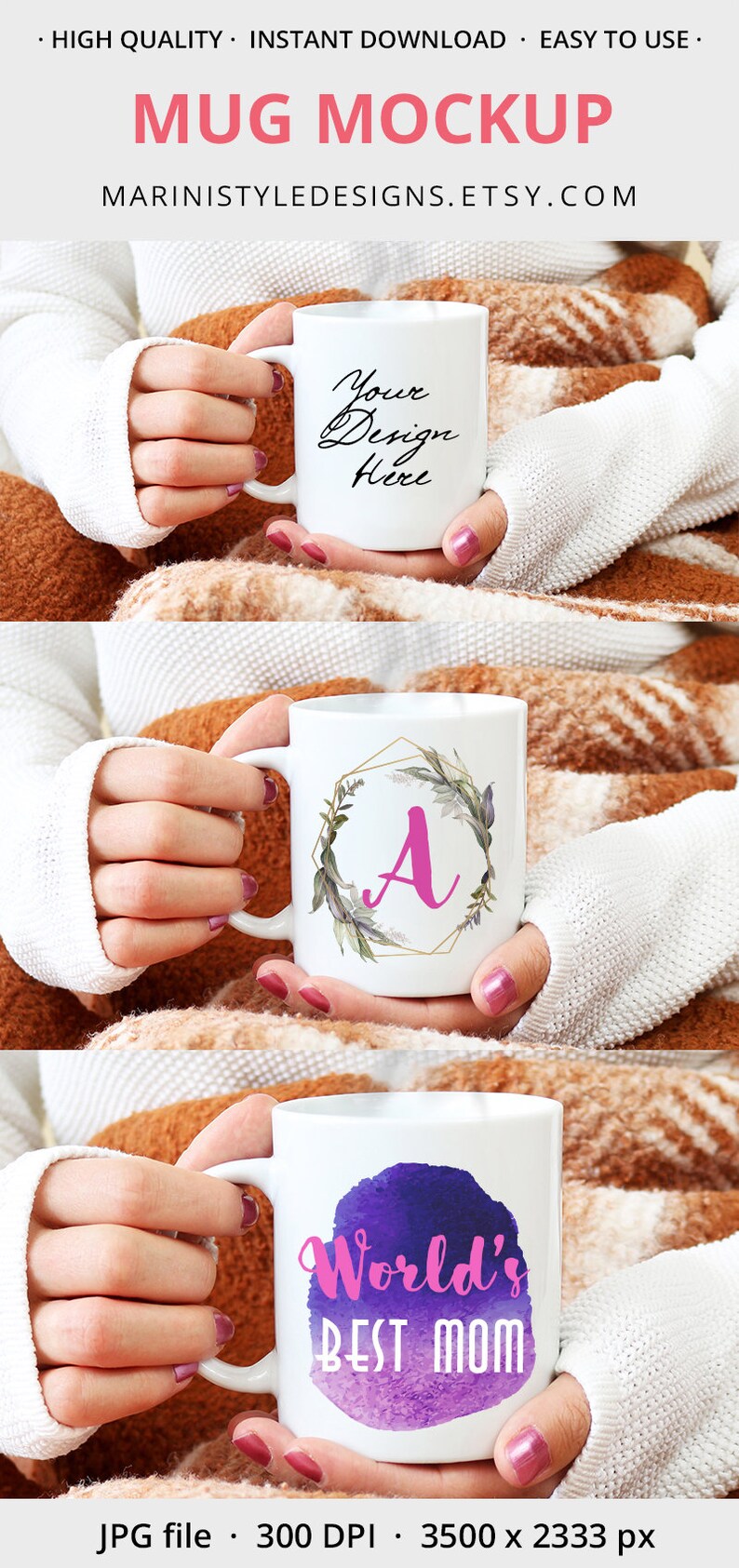 May include: White ceramic mug mockup with the text "Your Design Here". Another mug features a pink letter "A" inside a gold geometric frame with floral accents. A third mug displays "World's Best Mom" in pink and purple.