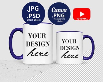 11oz & 15oz Mug blue handle and rim mockup PSD PNG, Colored handle and rim Mug Mockup, optional color inside rim and handle Mug Mockup 1518