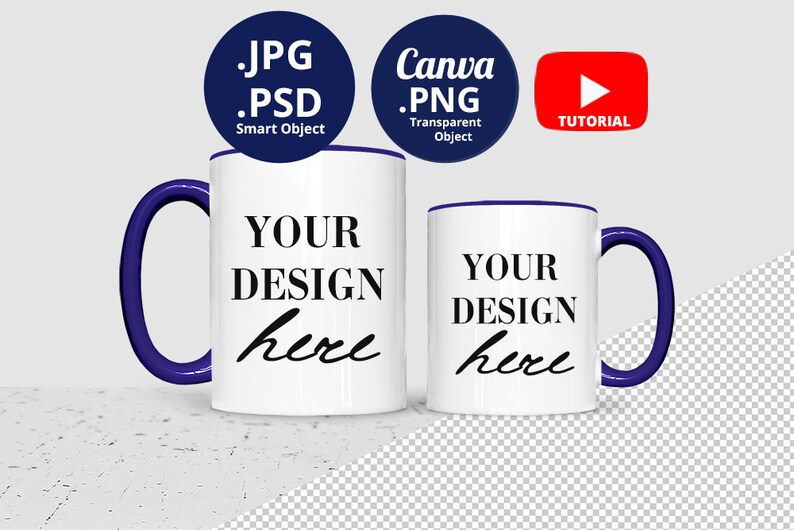 Mug Rim Design 11oz & 15oz Mug Blue Handle and Rim Mockup PSD PNG, Colored Handle and ...