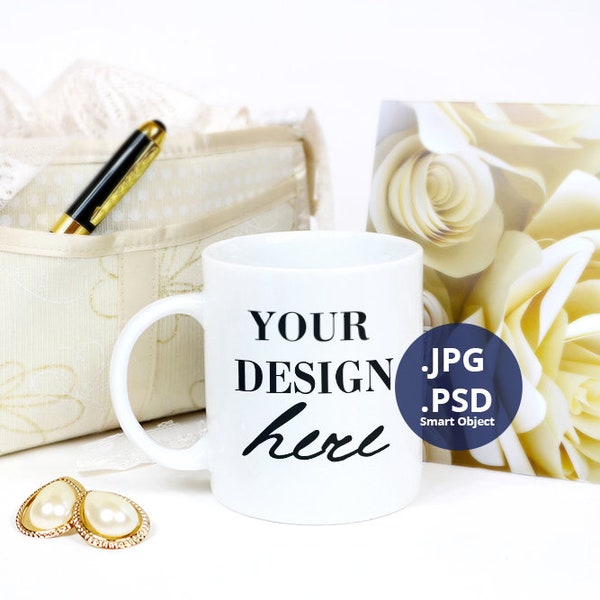 Romantic Coffee Mug Mockup, Wedding & Engagement white mug mock up, Feminine photo of mug, 11oz mug mockup with gold jewelry background, 304