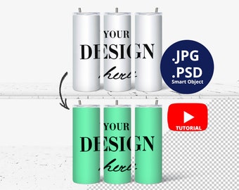 Glow in the dark 3 20oz Skinny Tumbler Mockup and 3 White Skinny Tumblers Mockup, Full Wrap Skinny Tumbler Mockup Glow in the dark, 1540