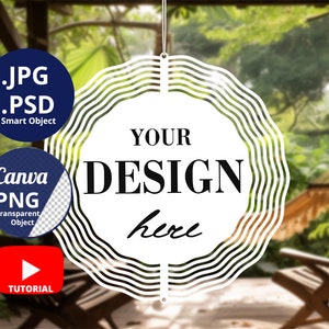 May include: A white, circular design element with the text "YOUR DESIGN here" in a wavy, layered pattern. Includes icons for .JPG, .PSD, Canva .PNG, and a YouTube tutorial. The background is a blurred outdoor scene.