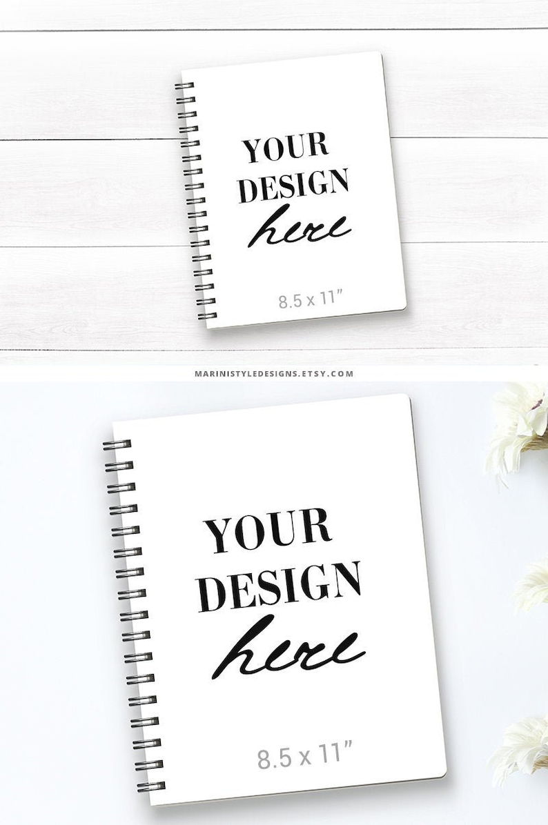 May include: Two white spiral bound notebooks with black text that reads "YOUR DESIGN here 8.5 x 11" on a white wood background.