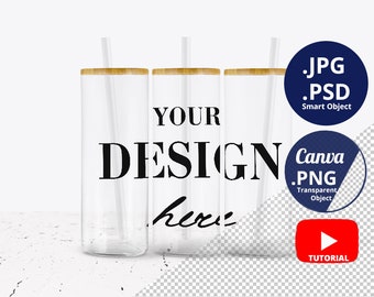 25oz Clear Glass can Mockup Full wrap, 3 Glass skinny tumblers mockup, Libbey glass can mockup, Beer can glass mockup PSD 1414