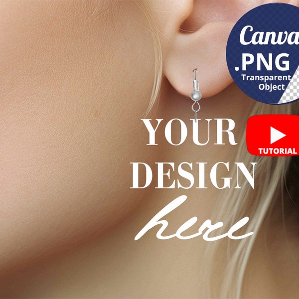 Empty Earring Hook Mockup on Caucasian Woman's Ear PNG Canva, Woman with empty ear Mockup, Earring Hook Mockup with empty space, 1429c