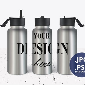 32oz Hydro Bottle Mockup Full Wrap, Stainless Steel Watter Bottle Mockup Portable Handle, Sublimation Flask PSD Mockup Smart Object, 1295