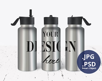 32oz Hydro Bottle Mockup Full Wrap, Butelka ze stali nierdzewnej Waterter Mockup Przenośny uchwyt, Sublimacyjna kolba PSD Mockup Smart Object, 1295