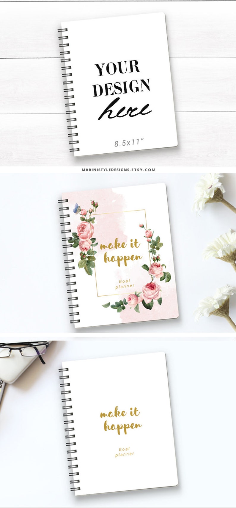 May include: A white spiral bound notebook with a floral design and the text "make it happen" in gold lettering. The notebook is labeled as a goal planner and measures 8.5 by 11 inches.