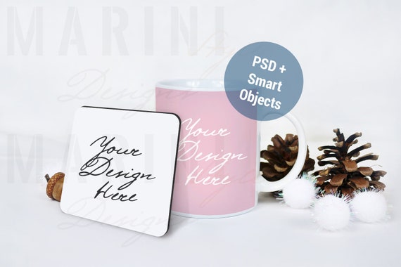 Download Mug Coaster Psd Mockup Rounded Square Coaster And Mug Mock Etsy