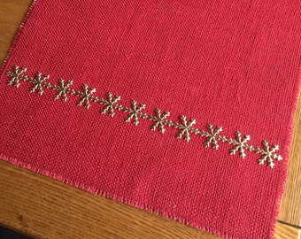 Christmas Red Hessian Burlap Table Runner with Gold Snowflake Edging