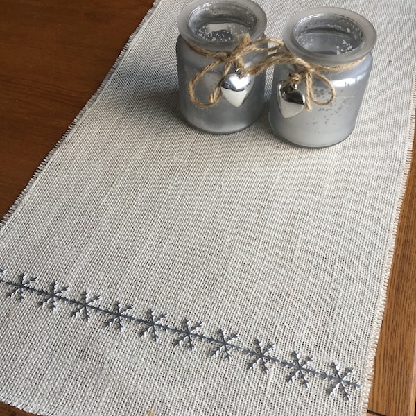 Ivory Cream Hessian Burlap Christmas Table Runner with Silver Snowflake Edging