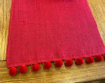 Red Hessian Burlap Table Runner with Pom Pom Trim for Dining Table or Wedding Celebrations