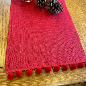 Red Hessian Burlap Table Runner with Pom Pom Trim for Dining Table or Wedding Celebrations image 1