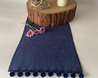 Blue Hessian Burlap Table Runner with Pom Pom Trim for Dining Table or Wedding Celebrations