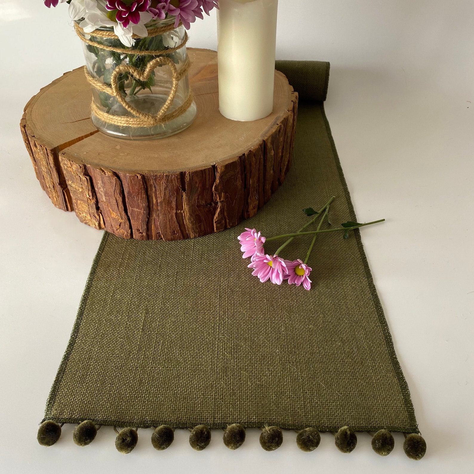 Olive Green Hessian Burlap Table Runner With Pom Pom Trim for Etsy UK