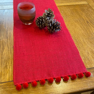 Red Hessian Burlap Table Runner with Pom Pom Trim for Dining Table or Wedding Celebrations image 3