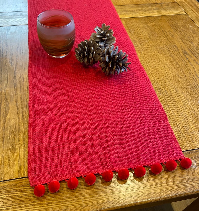 Red Hessian Burlap Table Runner with Pom Pom Trim for Dining Table or Wedding Celebrations image 3