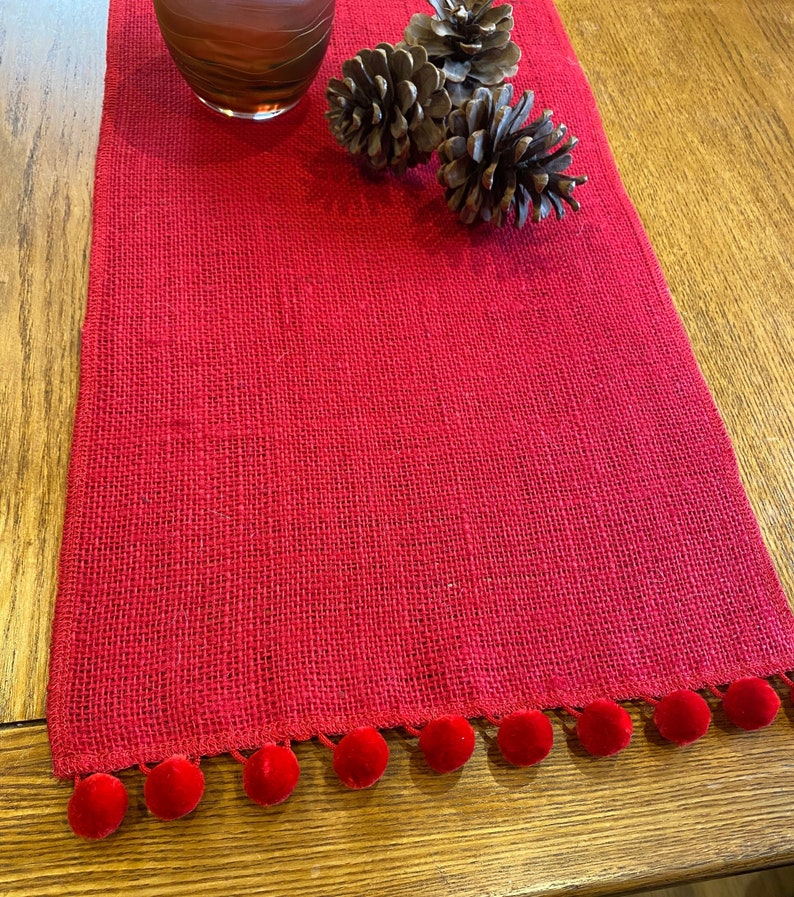 Red Hessian Burlap Table Runner with Pom Pom Trim for Dining Table or Wedding Celebrations image 1