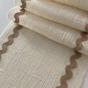 Ivory Cream Hessian Burlap Table Runner with a Beige Jumbo Ric Rac Trim