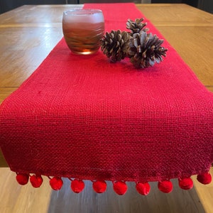 Red Hessian Burlap Table Runner with Pom Pom Trim for Dining Table or Wedding Celebrations image 2