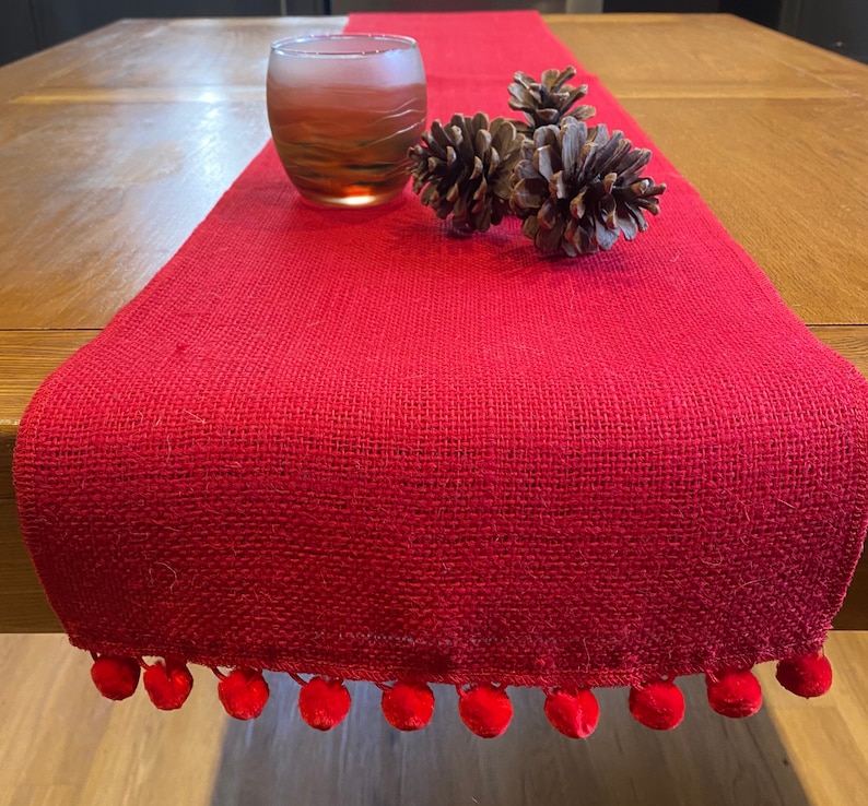 Red Hessian Burlap Table Runner with Pom Pom Trim for Dining Table or Wedding Celebrations image 2