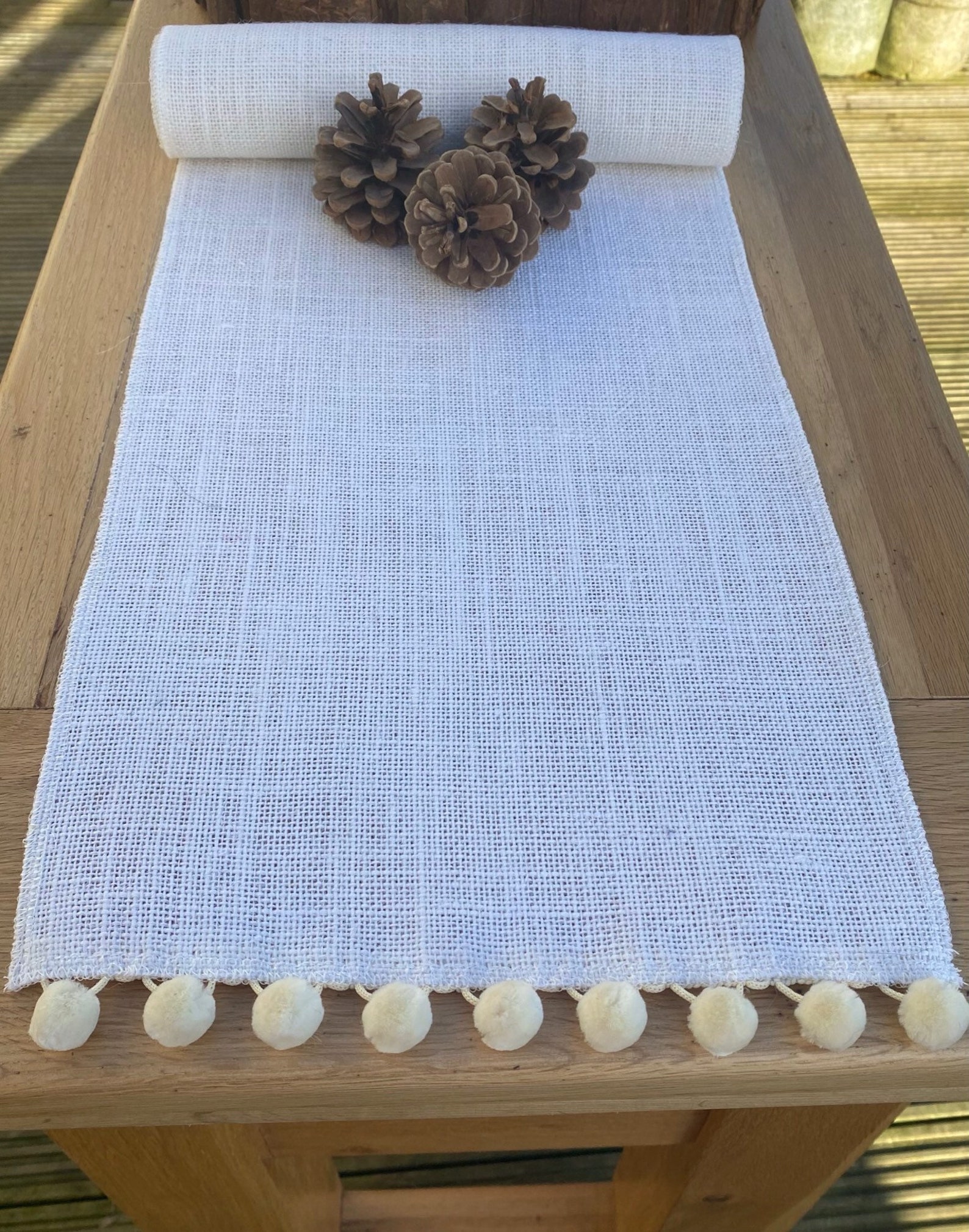 Winter White Hessian Burlap Table Runner with Pom Pom Trim for Etsy