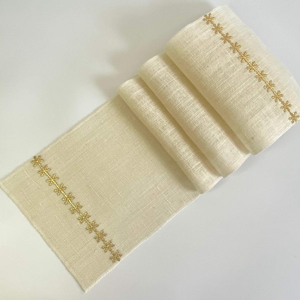 Ivory  Cream Hessian Burlap Christmas Table Runner with Gold Snowflake Edging