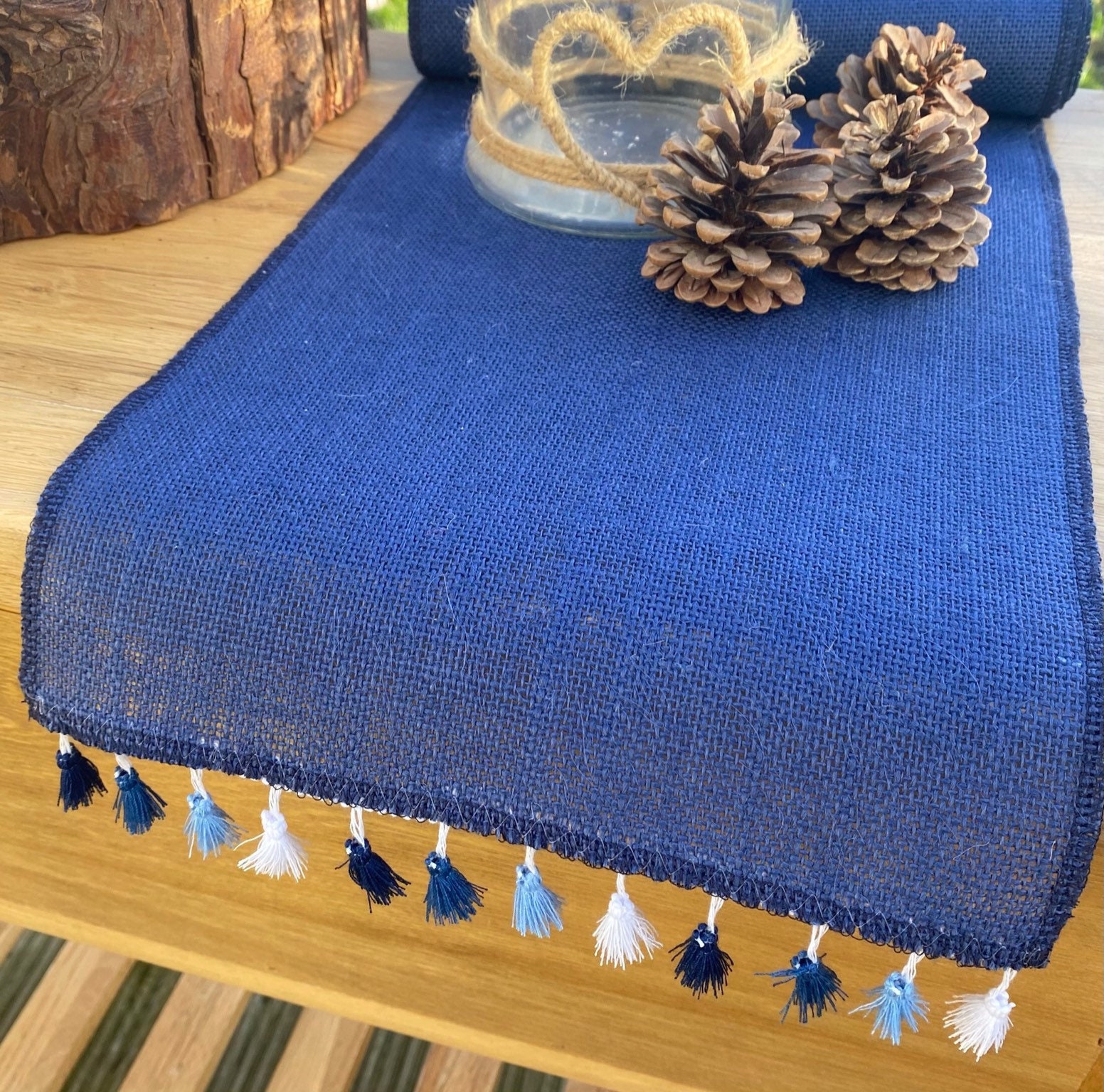 Blue Hessian Burlap Table Runner with Tassel Trim for Dining Etsy