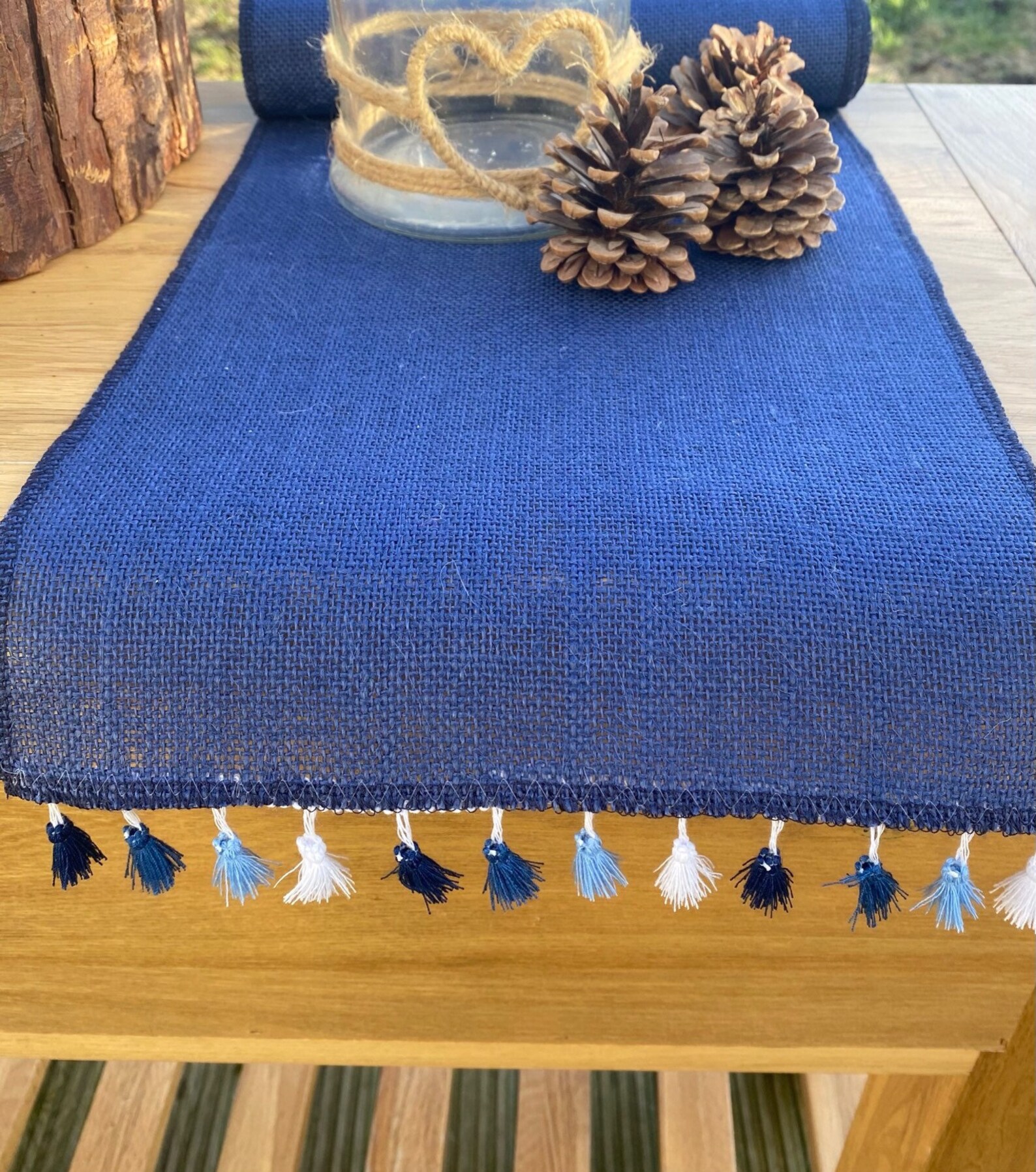 Blue Hessian Burlap Table Runner with Tassel Trim for Dining Etsy
