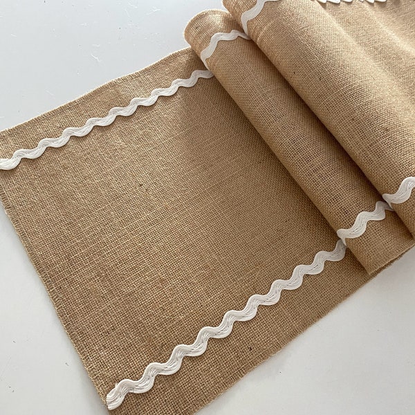 Natural Premium Hessian Burlap Table Runner with a Cream Ric Rac Trim