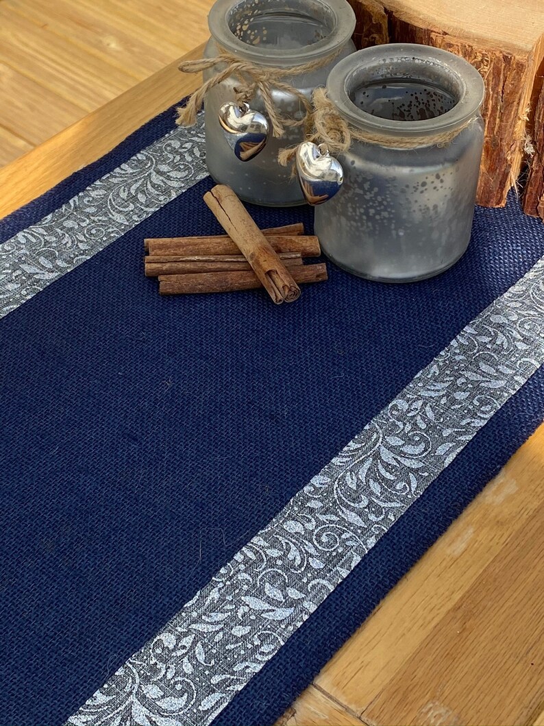 Navy Blue Hessian Burlap Table Runner With a Luxurious Silver Etsy