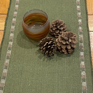 Olive Hessian Burlap Table Runner with Metallic Coffee & Olive Stitched Ribbon trim