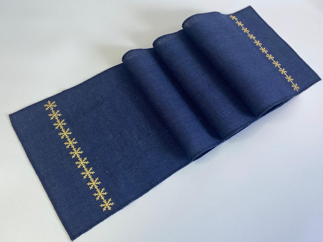 Navy Blue Hessian Burlap Christmas Table Runner With Gold Etsy