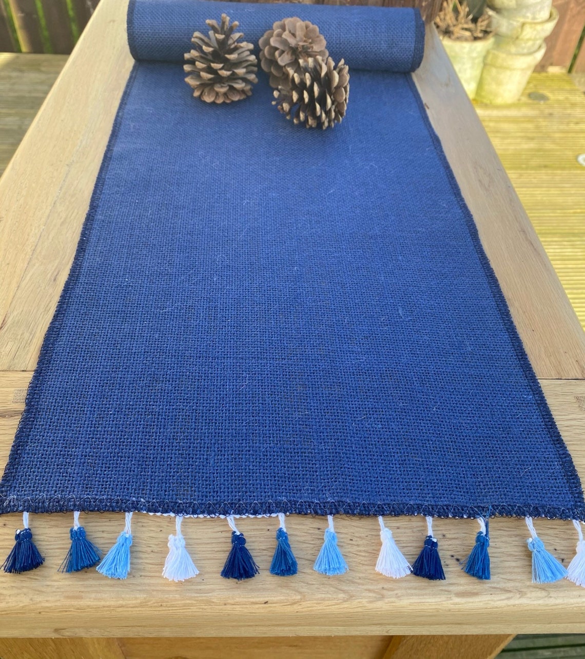 Blue Hessian Burlap Table Runner with Tassel Trim for Dining Etsy