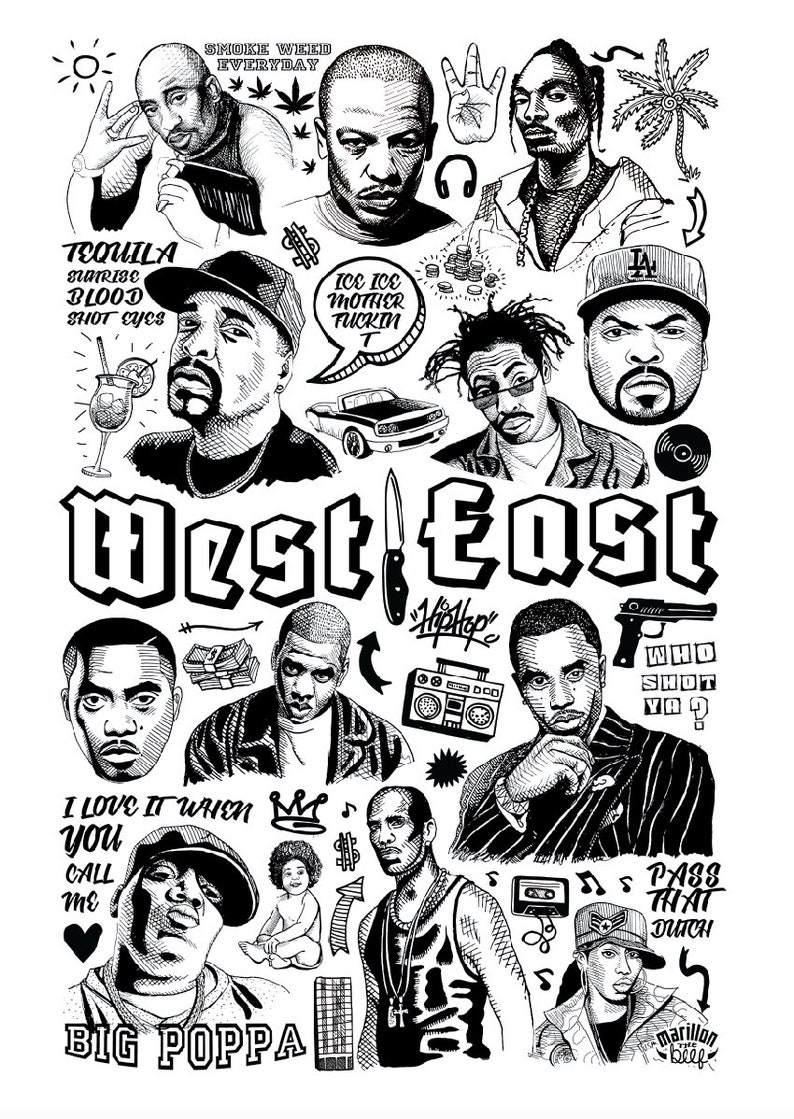 Affiche illustration originale RAP US east coast VS west coast Etsy
