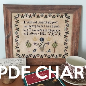 May include: A framed cross-stitch sampler with the text "I will not say that your mulberry trees are dead; but I am afraid they are not alive - 1811". The sampler features a floral design with birds and a vase. The text "PDF CHART" is superimposed on the image.