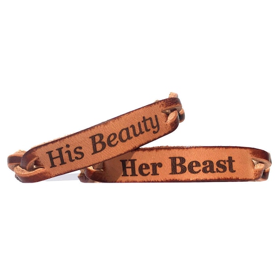 His Beauty Her Beast Leather Engraved Braided Couples Bracelet Set