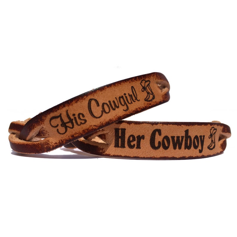 Her Cowboy His Cowgirl Engraved Leather Bracelet Set 