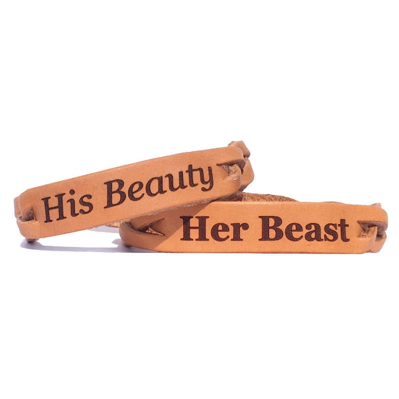 His Beauty Her Beast Leather Engraved Braided Couples Bracelet Set