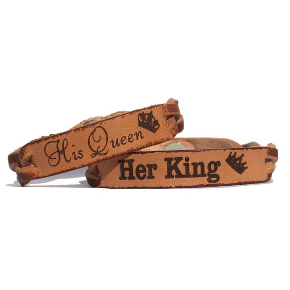 Her King His Queen Leather Engraved Braided Couples Bracelet Set