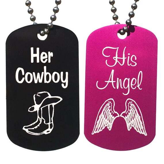 Her Cowboy His Angel Couples Dog Tag Necklaces
