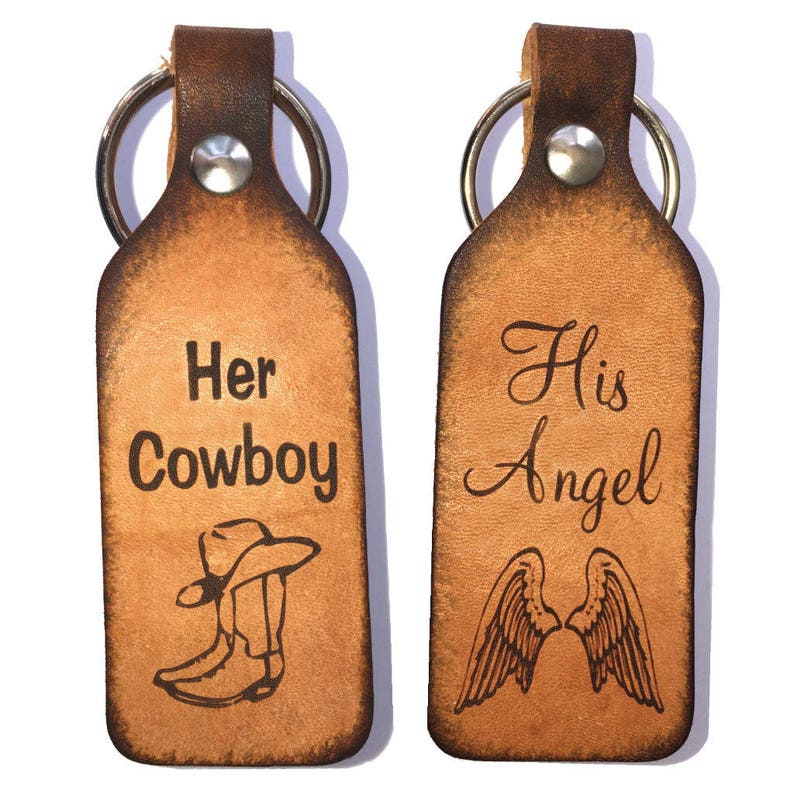 Her Cowboy & His Angel Couples Leather Keychains 