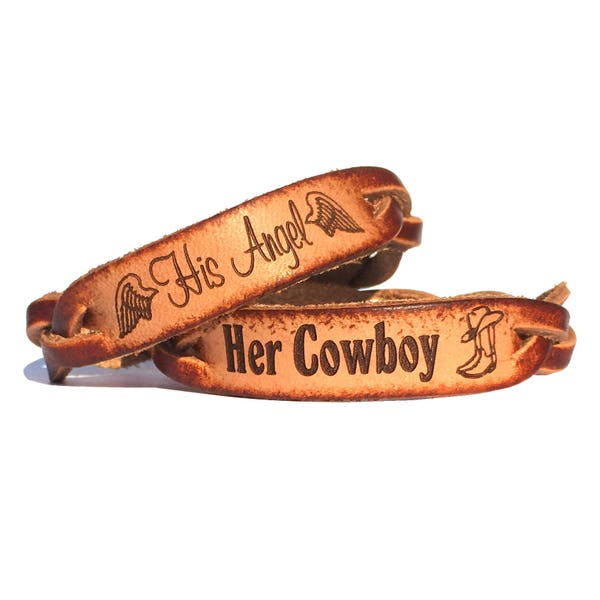 Her Cowboy His Angel Leather Engraved Braided Couples Bracelet Set