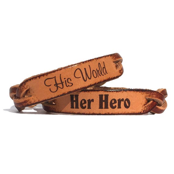 Her Hero His World Leather Engraved Braided Couples Bracelet Set