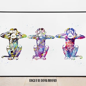 Three Wise Monkeys Watercolor Poster: See Hear Speak No Evil (Digital Download)