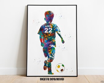 Soccer Player Little Boy with Ball Personalized Art Custom Name and Number Sport Watercolor Digital Printable Download