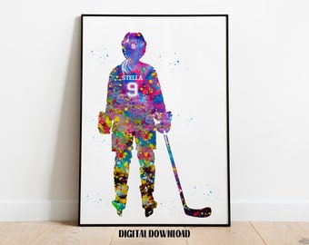 Hockey Player Little Girl Personalized Art Custom Name and Number Sport Watercolor Digital Printable Download