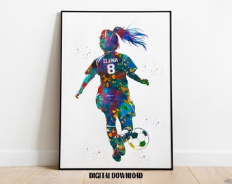 Soccer Player Little Girl with Ball Personalized Art Custom Name and Number Sport Watercolor Digital Printable Download